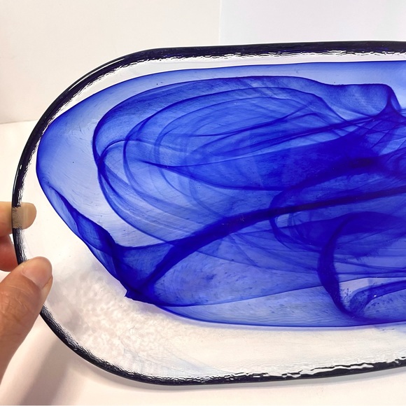 Glass Cobalt Blue Swirl Trinket Serving Tray Dish - Picture 2 of 15